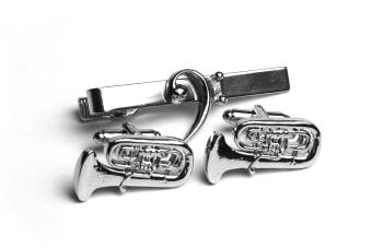 Tuba Cufflinks with Bass Clef Tie Clip